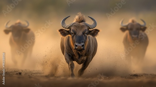  A herd of wild animals races across a dirt field, kicking up dust in the foreground Trees line the background