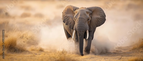  An elephant traipsing through a dusty field, raising clouds of dust from its back legs and tusks photo