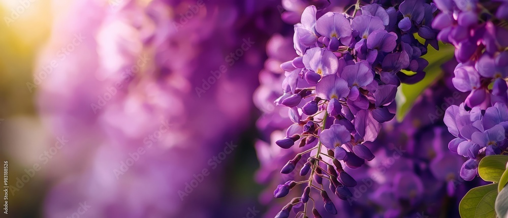 A tight shot of purple blooms and adjacent green foliage in the foreground, while the background softly blurs A tight shot of purple blooms and adjacent green foliage in the foreground, while the background softly blurs