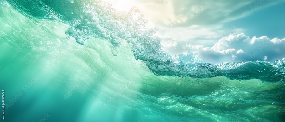 Fototapeta premium A expansive water body, a wave advancing ashore, sunlight filtering through clouded skies