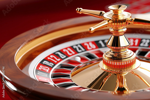 A gold colored roulette wheel with a red and black design photo