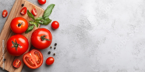 A wooden cutting board with three tomatoes and a basil leaf on top. The tomatoes are sliced and arranged in a way that they look fresh and appetizing. The basil leaf adds a pop of color