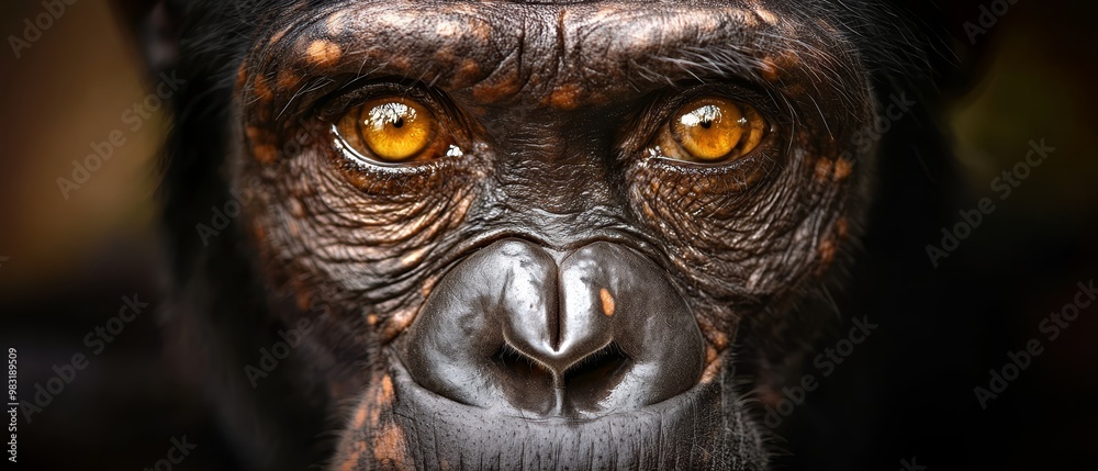 A tight shot of a monkey's face with a yellow-eyed expression A tight shot of a monkey's face with a yellow-eyed expression
