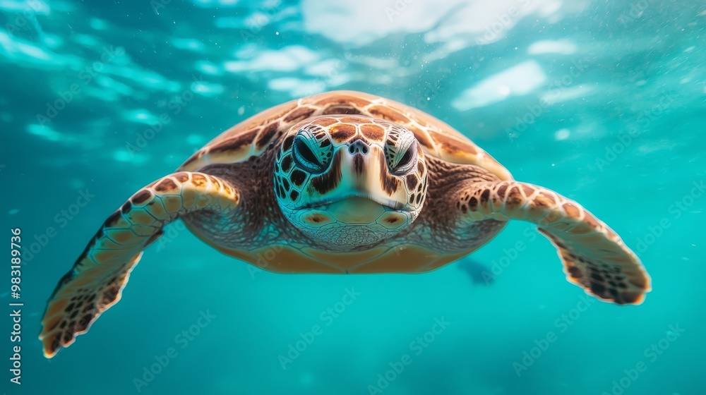 Fototapeta premium A tight shot of a sea turtle swimming in a water body, sun casting light on its shell