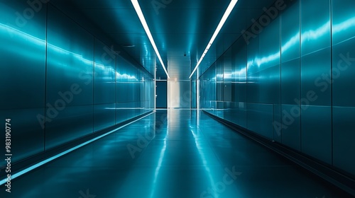 Futuristic Blue Hallway with Reflections and Ambient Lighting