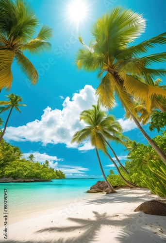 vibrant tropical paradise featuring bright lush green palm crystal clear waters under brilliant blue sky, beach, coastline, tree, ocean, island, summer, resort