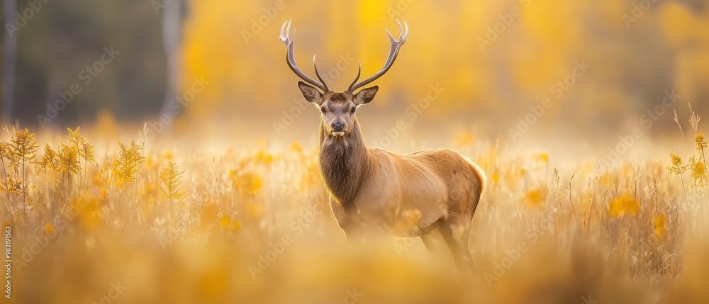 Obraz premium A deceively quiet close-up of a deer amidst tall grass in a field, trees looming behind, and an abundant foreground of sunlit yellow flowers