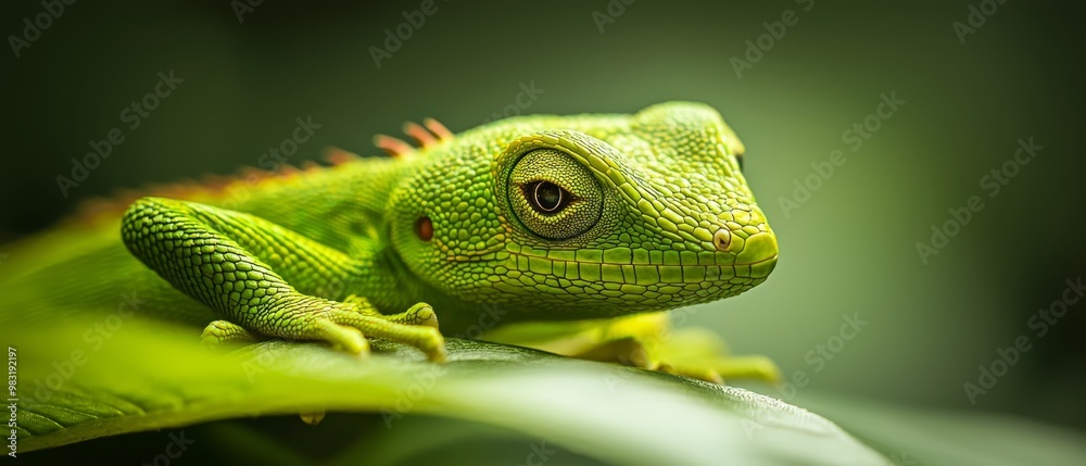 Obraz premium A tight shot of a green chameleon perched on a leaf against a softly blurred background