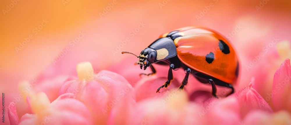 Fototapeta premium A ladybug up close on a pink flower, foreground filled with crisp pink tulips; background softly blurred with more pink tulips