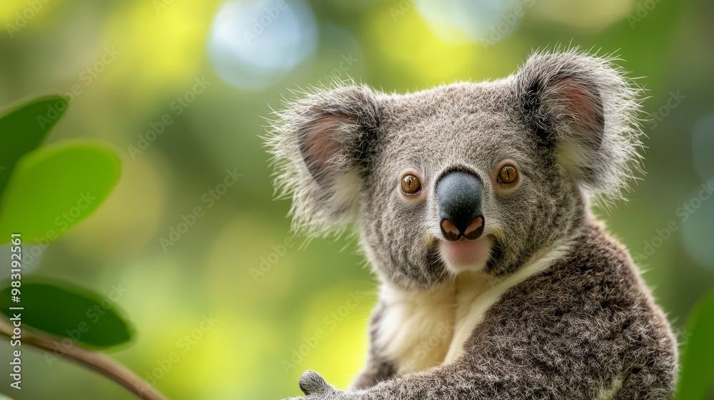 Fototapeta premium A koala, in focused detail, sits on a tree branch against a softly blurred backdrop of trees and leaves