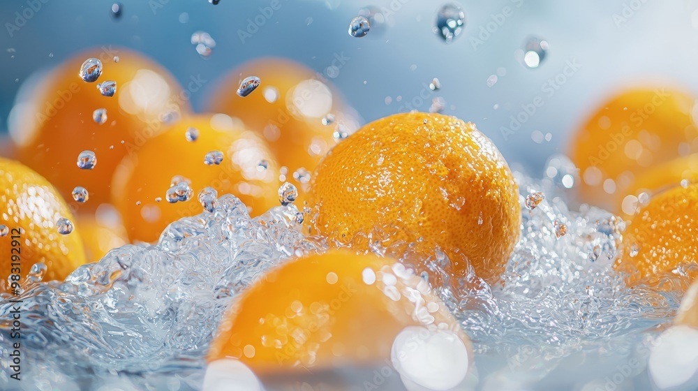 oranges surrounded by water droplets against a blue and white background; blue sky visible in distance oranges surrounded by water droplets against a blue and white background; blue sky visible in distance