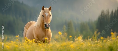  A horse in a field of wildflowers, surrounded by a forest and mountains in the backdrop