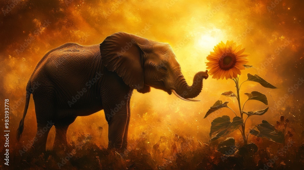 Fototapeta premium Majestic Elephant with Sunflower in a Dreamy Landscape