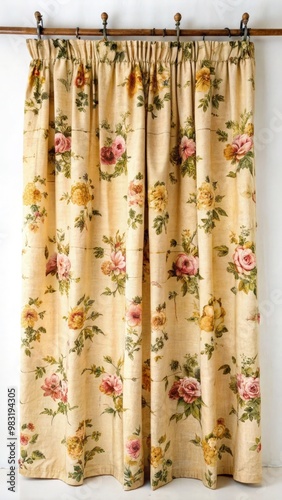 Rustic old yellowish curtain with a floral pattern hanging in a vintage interior. Generative AI