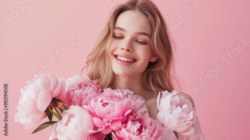 Fototapeta Naklejka Na Ścianę i Meble -  Joyful woman holding beautiful peonies against a soft pink background, radiating happiness and spring vibes.