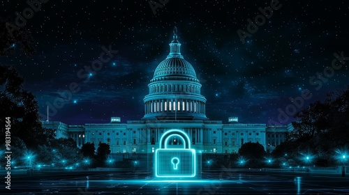 Secure Government Building with Digital Lock Symbol