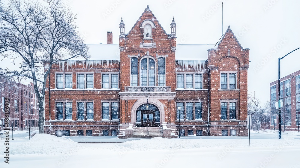 Fototapeta premium A historic brick courthouse in the heart of a snowy downtown, its iconic architecture serving as a beacon of justice and warmth in the cold urban environment