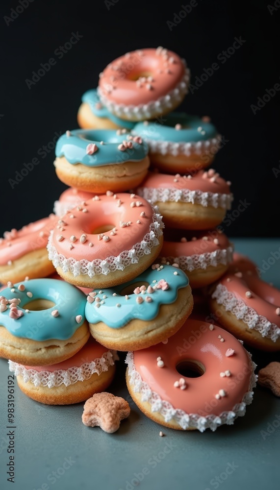 A vibrant stack of colorful glazed donuts topped with sprinkles, perfect for bakery promotions, sweet shops, or food themed projects. A vibrant stack of colorful glazed donuts topped with sprinkles, perfect for bakery promotions, sweet shops, or food themed projects.