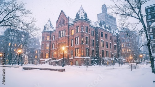 A historic brick courthouse in the heart of a snowy downtown, its iconic architecture serving as a beacon of justice and warmth in the cold urban environment