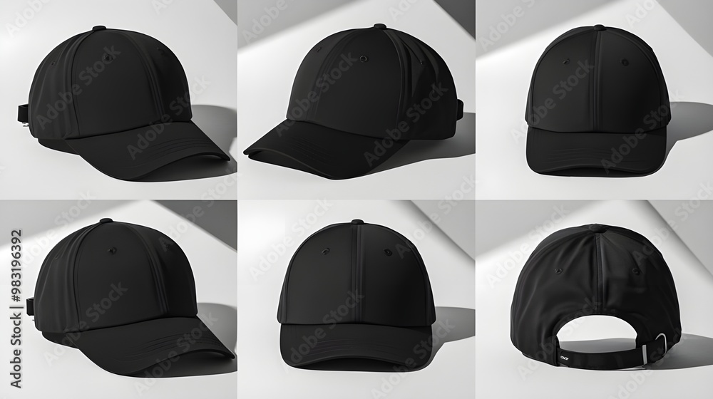 Black Baseball Cap Mockup Front Side and Back Views Black Baseball Cap Mockup Front Side and Back Views