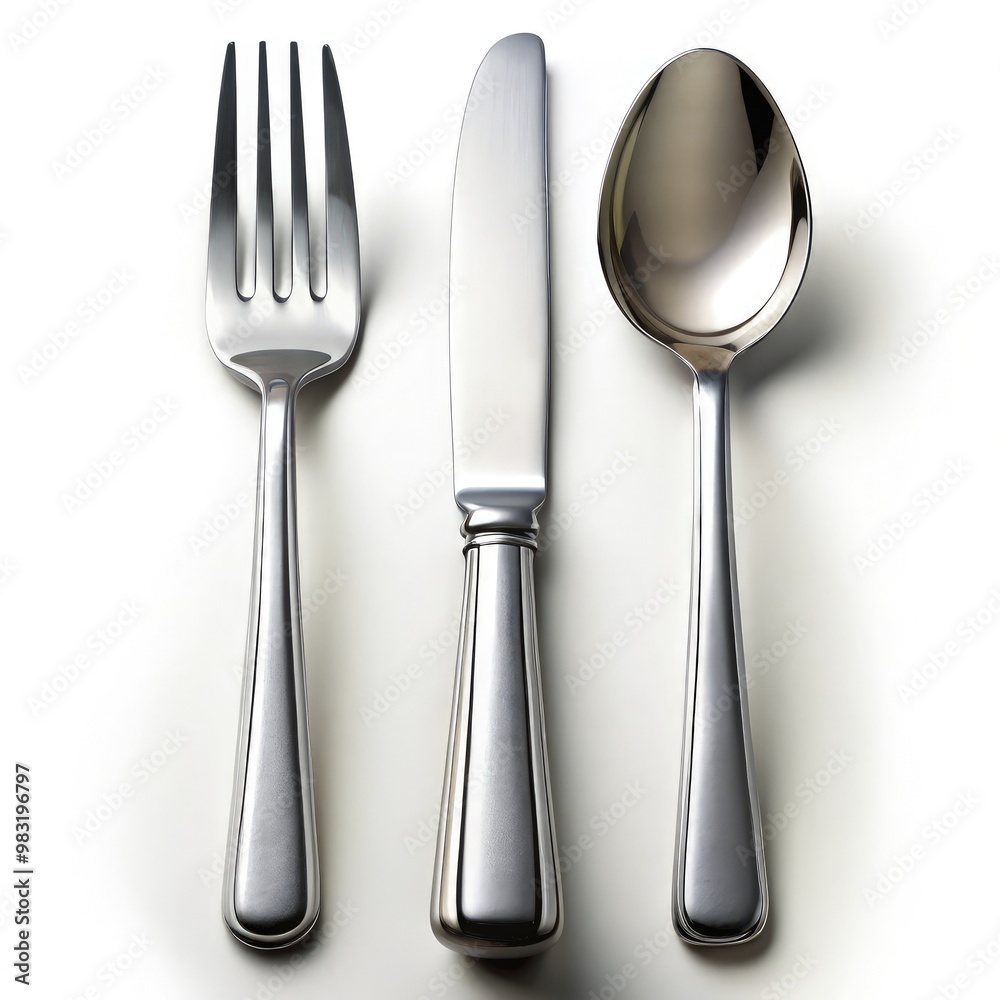Standard scale utensil set of fork, knife, and spoon displayed together. Generative AI Standard scale utensil set of fork, knife, and spoon displayed together. Generative AI