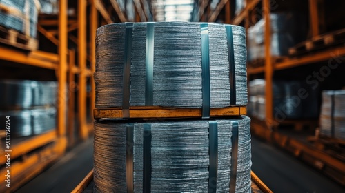 Massive coiled rolls of raw materials, securely bound with strong blue straps, are systematically stored and catalogued in a vast and expansive industrial warehouse setting. photo