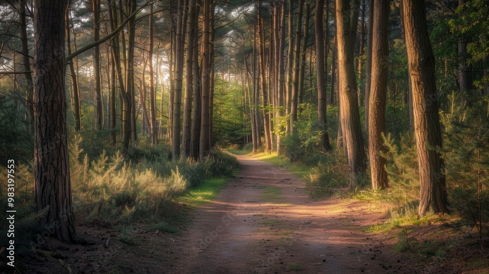 Obraz premium A peaceful forest path surrounded by tall trees and soft sunlight, inviting nature lovers to explore the serene landscape.