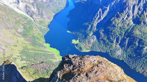 Fjord from the top of tourist attraction Bakkanosi, aerial drone shot, Norway photo