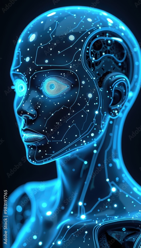 A futuristic humanoid head with a network of glowing stars and circuits, symbolizing artificial intelligence and advanced technology. Perfect for tech, sci fi, and innovation themes. A futuristic humanoid head with a network of glowing stars and circuits, symbolizing artificial intelligence and advanced technology. Perfect for tech, sci fi, and innovation themes.