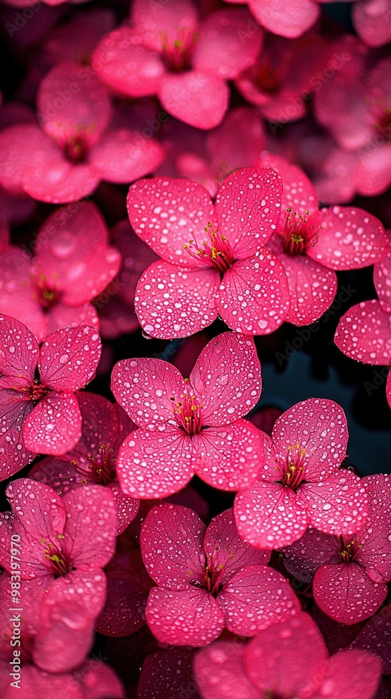 Group of pink flowers with water droplets, center of photo Group of pink flowers with water droplets, center of photo