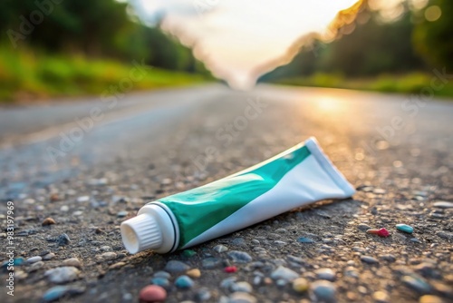 Toothpaste tube abandoned on a rural road during sunset. Generative AI