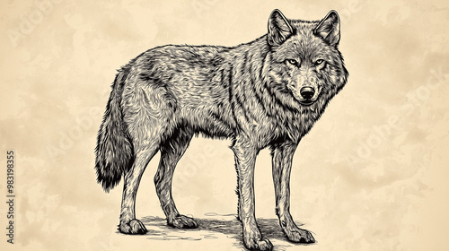 Ilustração vetorial gravada vintage de lobo no estilo dos anos 1940