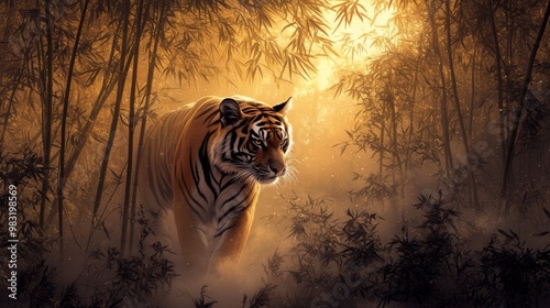 Majestic Tiger in Bamboo Forest at Sunset photo