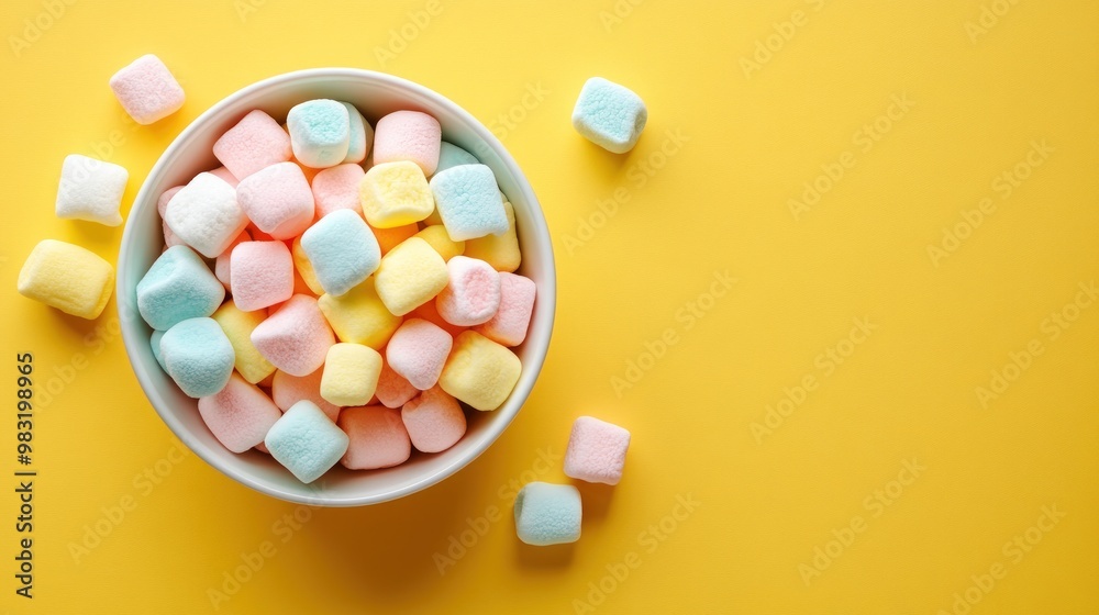 A bowl filled with colorful mini marshmallows, including pink, yellow, and blue varieties. The marshmallows are arranged in a chaotic pile, with a few scattered around the bowl on a bright yellow back A bowl filled with colorful mini marshmallows, including pink, yellow, and blue varieties. The marshmallows are arranged in a chaotic pile, with a few scattered around the bowl on a bright yellow back