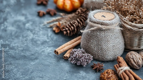   Wooden owl atop table with basket of cinnamon and anise photo