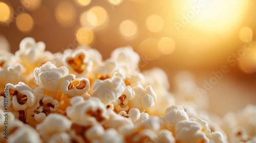 A close-up of a heap of freshly popped popcorn set against a warm bokeh light background, conveying a feeling of warmth and inviting snack time atmosphere. photo