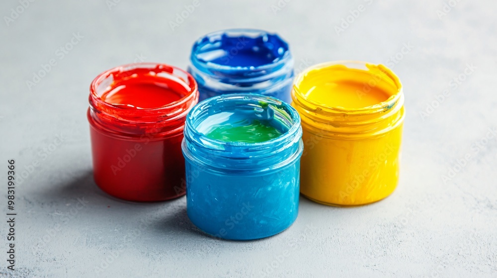 Finger paint jars in bright primary colors, isolated on a light gray surface Finger paint jars in bright primary colors, isolated on a light gray surface