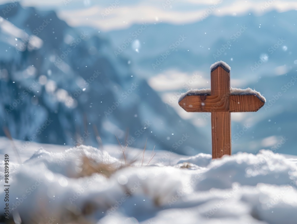 A wooden cross is standing in the snow on a mountain, generative ai image A wooden cross is standing in the snow on a mountain, generative ai image