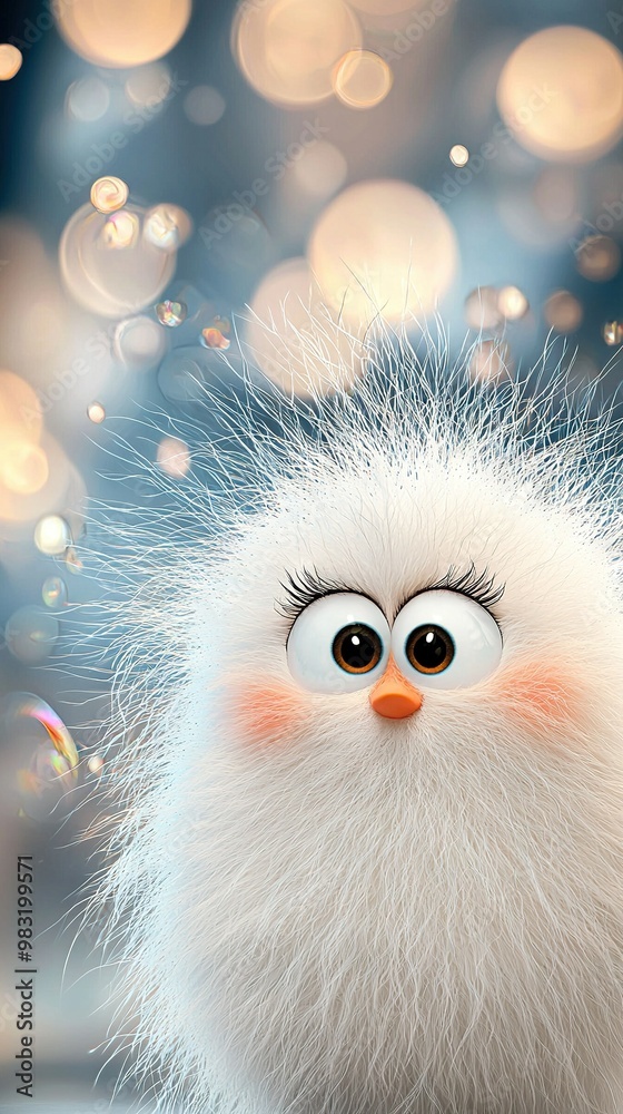 Close-up of a small white bird with large eyes and fluffy feathers on its head Close-up of a small white bird with large eyes and fluffy feathers on its head