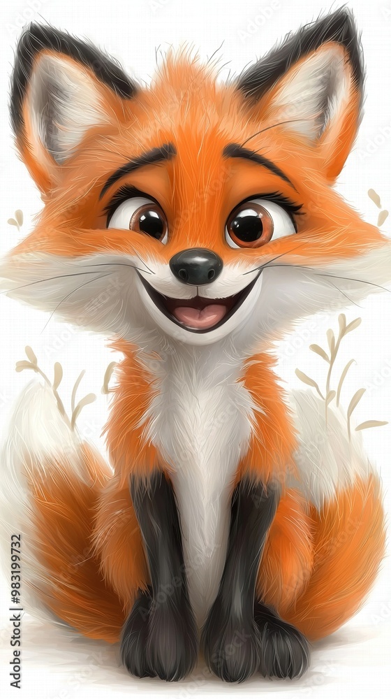 A picture of a red fox with large eyes and a happy expression on its face, sitting against a white backdrop A picture of a red fox with large eyes and a happy expression on its face, sitting against a white backdrop