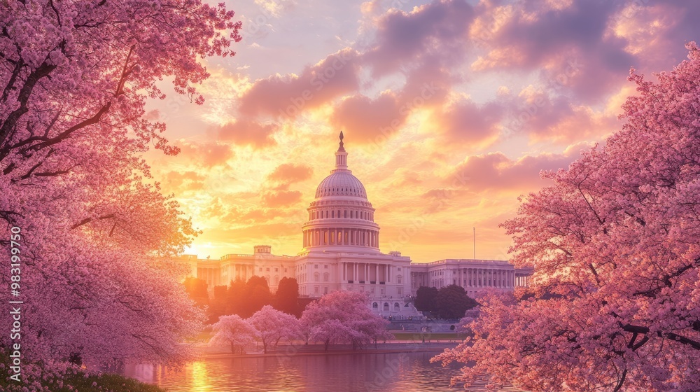 Obraz premium Blooming Cherry Blossoms at Sunset near the Capitol