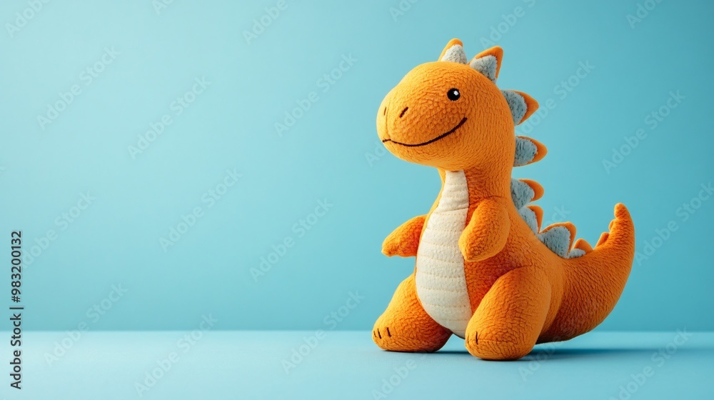 Naklejka premium Plush dinosaur toy with embroidered details, isolated on a pastel blue backdrop