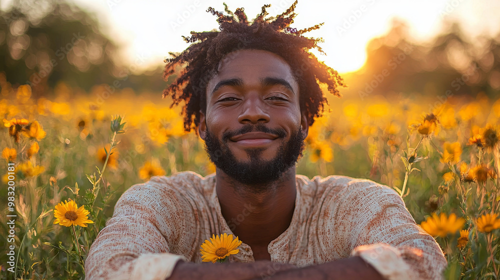 Smiling man with afro in a field of yellow flowers