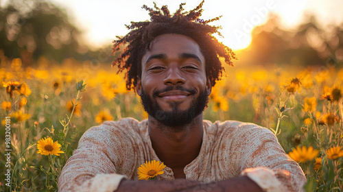 Obraz na płótnie Smiling man with afro in a field of yellow flowers w salonie
