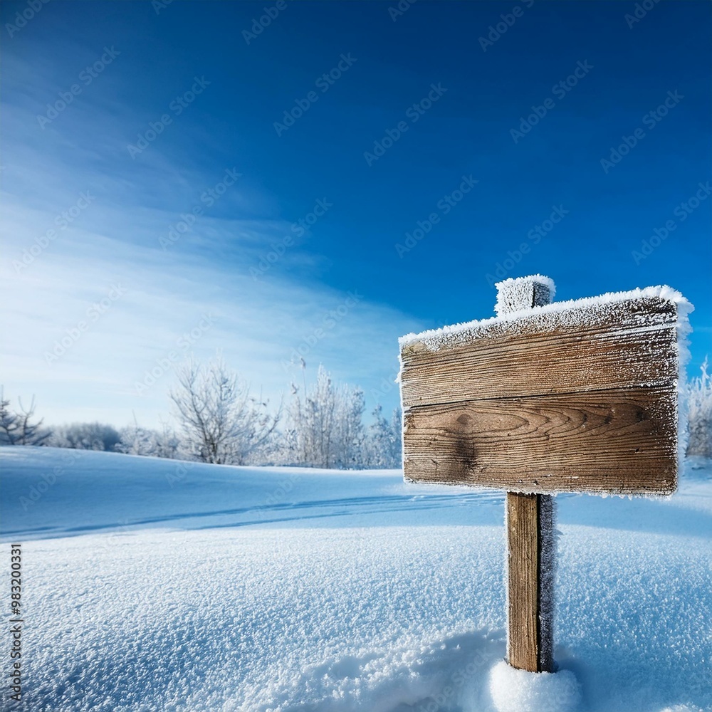 Naklejka premium frosty wood sign in winter with copy space