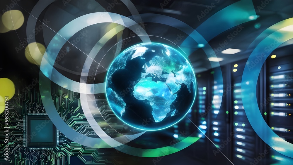 Multiple Exposure of Globe, Circles, and Circuit Board in Server Room - Technology Concept Multiple Exposure of Globe, Circles, and Circuit Board in Server Room - Technology Concept