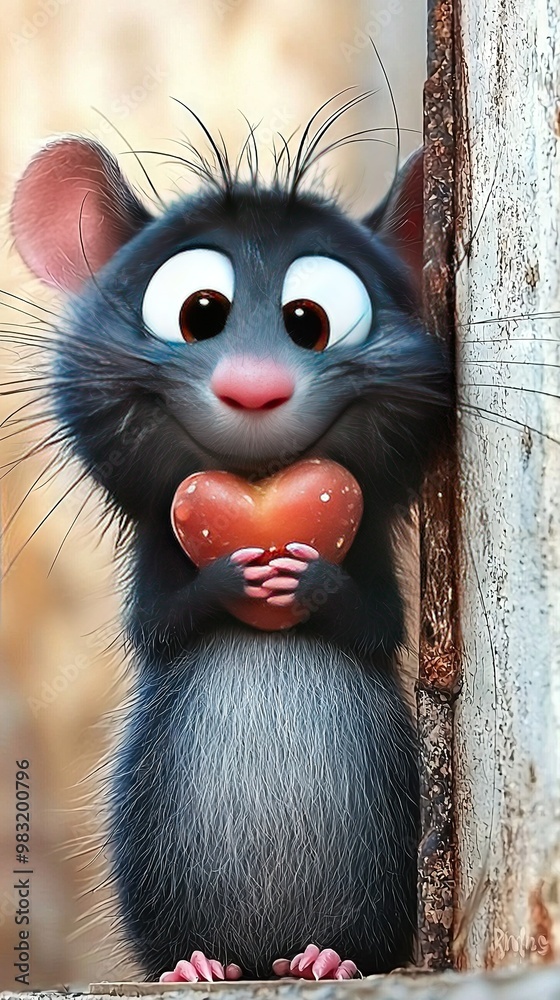 A rat clutching a heart-shaped object in its paws, peering from behind a wooden barrier with a tree in the backdrop A rat clutching a heart-shaped object in its paws, peering from behind a wooden barrier with a tree in the backdrop