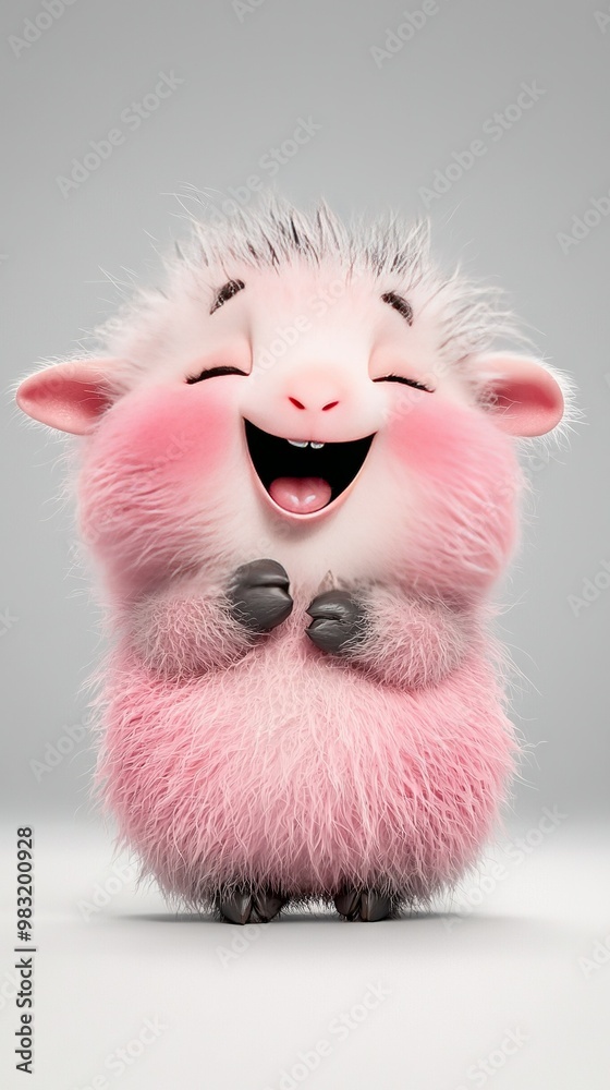 Fototapeta premium A fluffy creature with a large grin while its eyes are shut and mouth is open