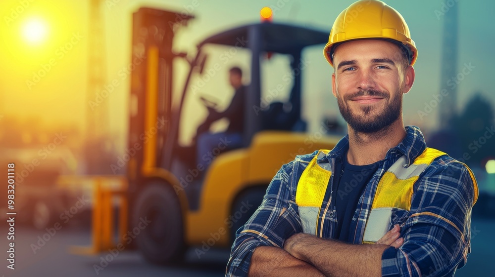A man in a yellow vest and a hard hat is smiling for the camera A man in a yellow vest and a hard hat is smiling for the camera