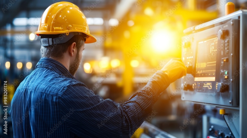 A man in a yellow helmet is working on a machine A man in a yellow helmet is working on a machine